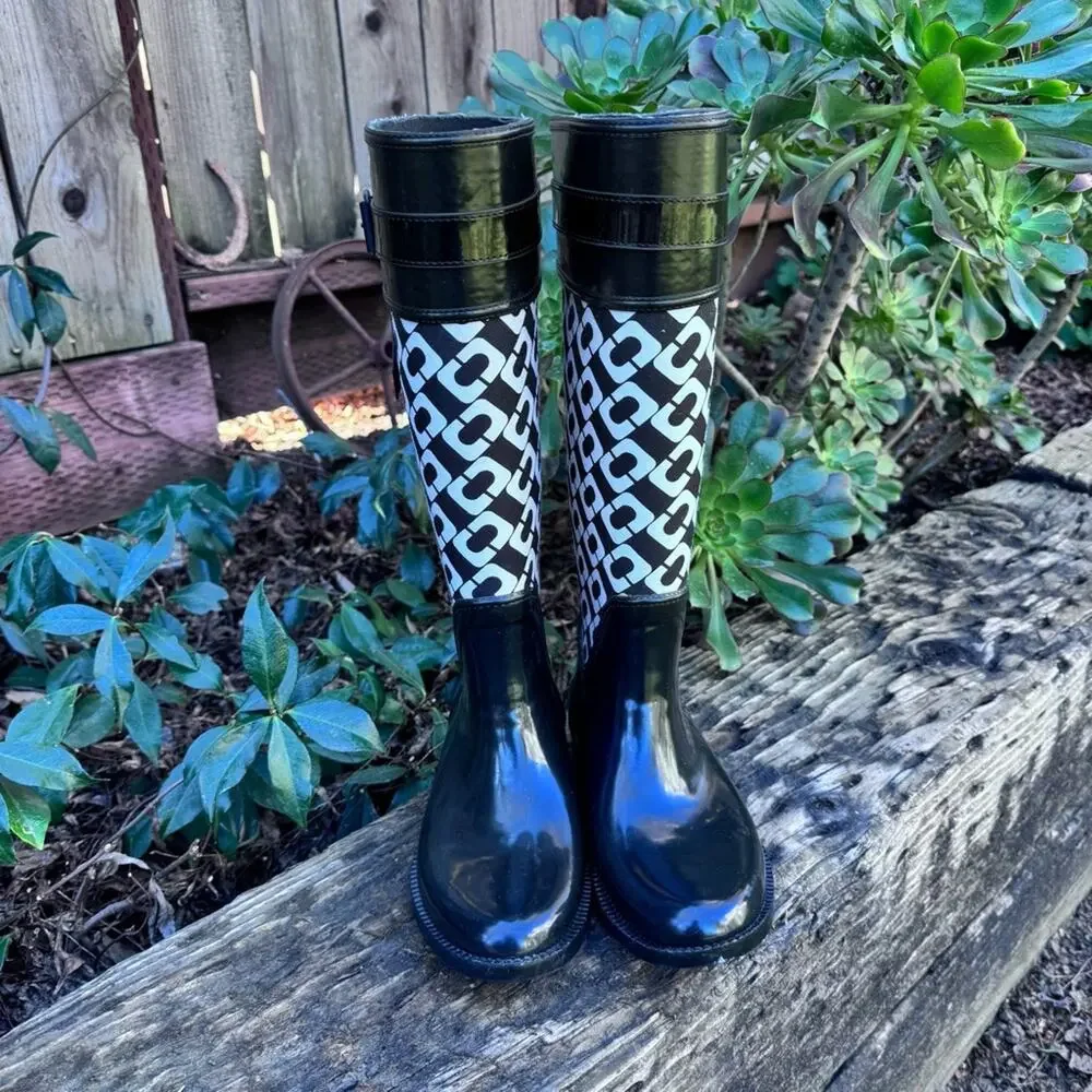 DVF Diane Von Furstenberg Black White Whitney Rubber Rain Boots Women's Size 6